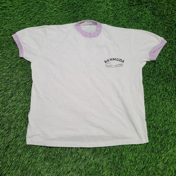 VTG 80s Bermuda Ringer Tee T-Shirt Womens Large Cropped Boxy Fit - Picture 1 of 9